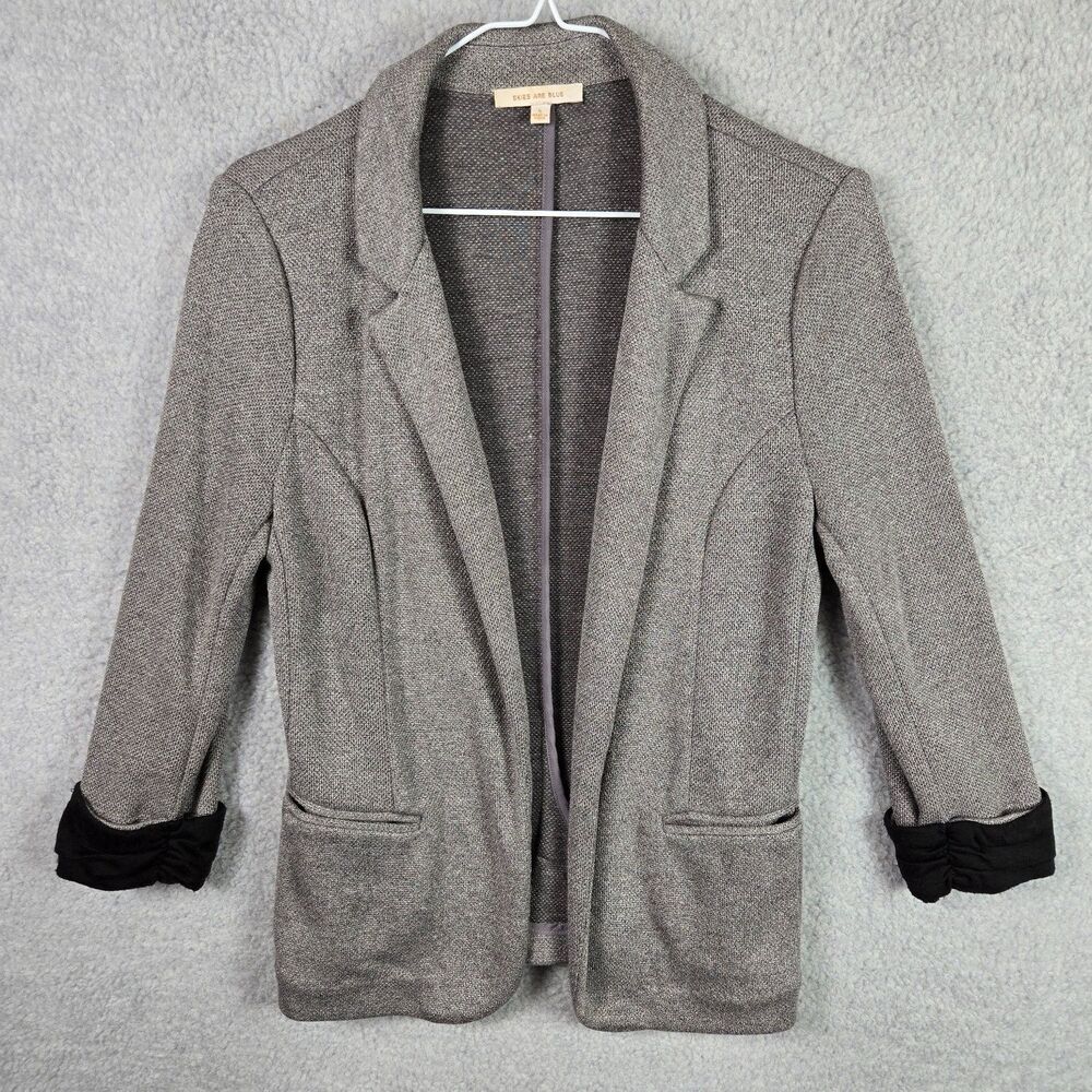 Skies Are Blue Womens Small Gray Knit Blazer Ruched Sleeve Open Front Jacket